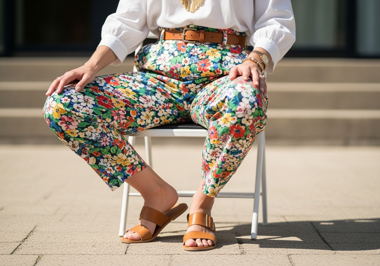 Žena v bielom blúzke a kvetovaných nohaviciach, stojaca vonku v prirodzenom svetle.