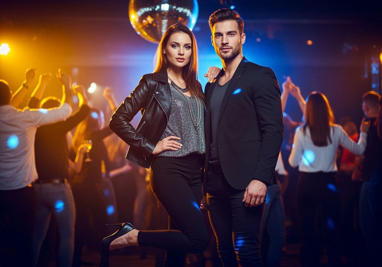 Mladý pár v štýlovom oblečení na diskotéke s farebným osvetlením a tanečným davom v pozadí.