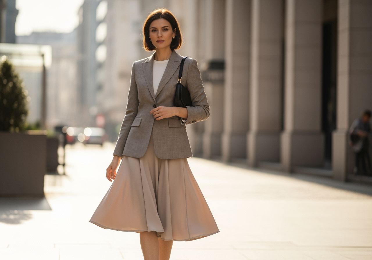 žena v modernom meste v priliehavom blejzri a sukni mierne pod kolenami pri dennom svetle
