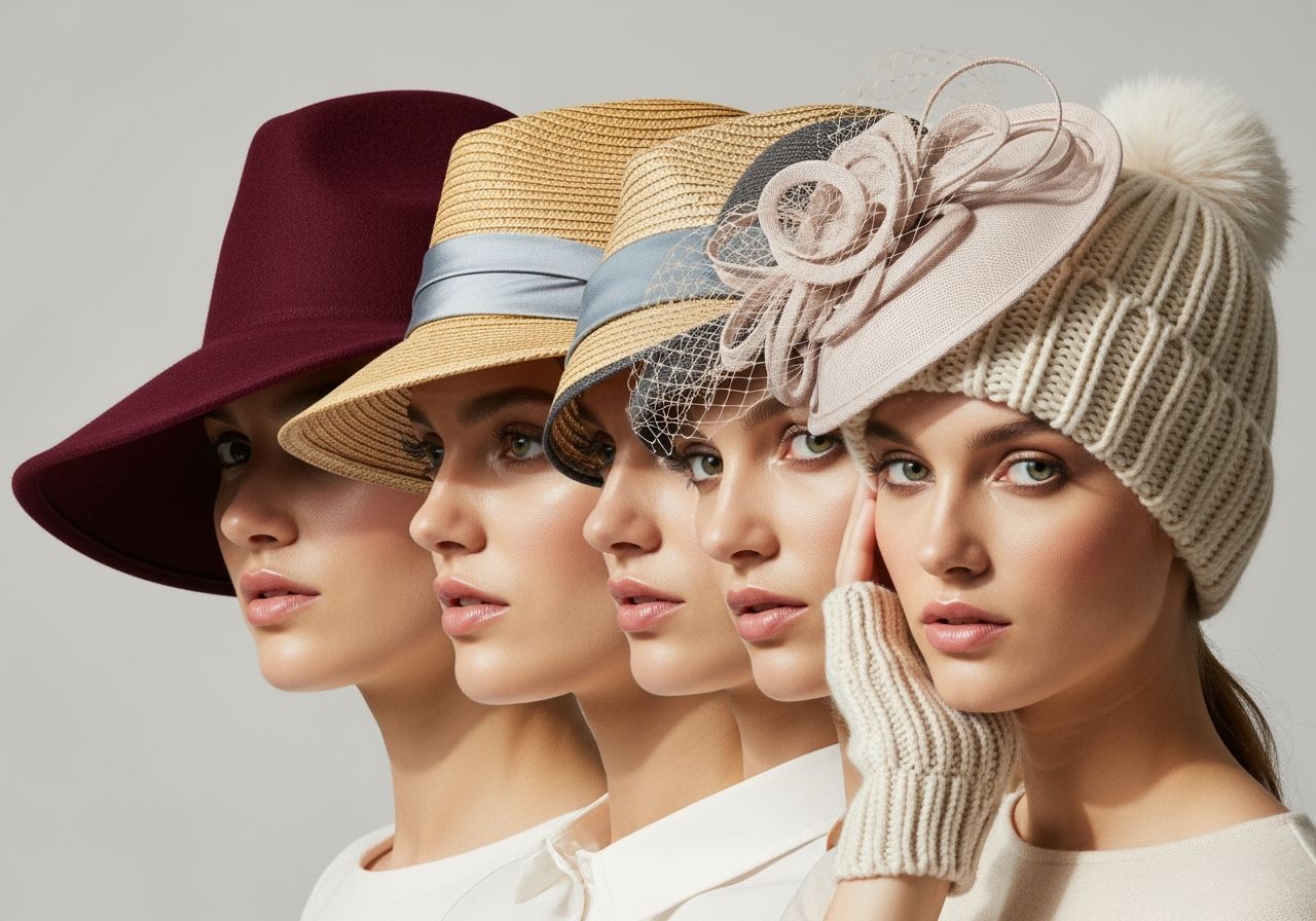 Fotorealistický záber ženy v rôznych typoch dámskych klobúkov na prirodzenom svetle v štúdiu