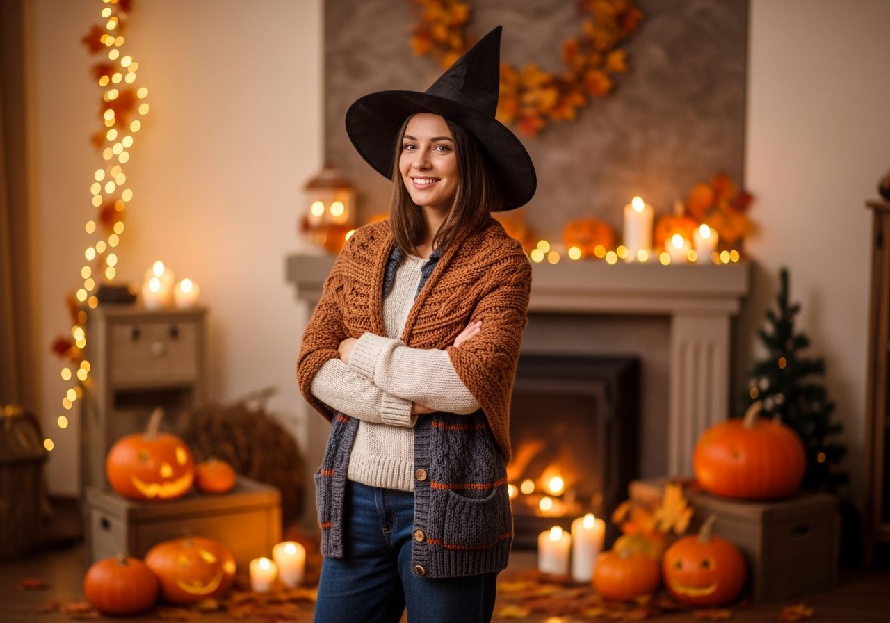 Mladá žena v pohodlnom čarodejníckom kostýme v útulnej miestnosti s tekvicami a jesennými dekoráciami