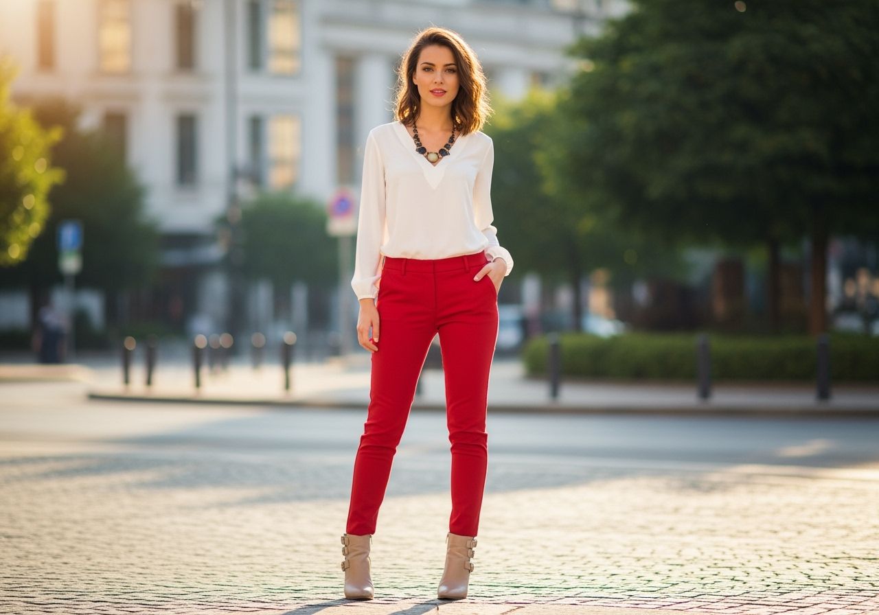 Mladá žena v červených nohaviciach a bielej blúzke stojí na ulici mesta so zmäteným pozadím.