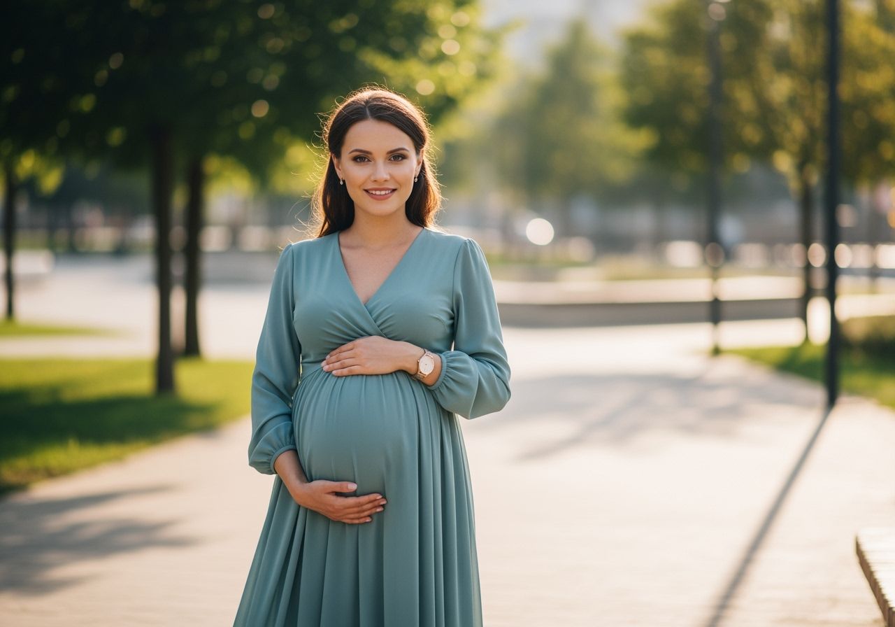 Tehotná žena v elegantných šatách drží bruško v modernom mestskom parku za denného svetla.