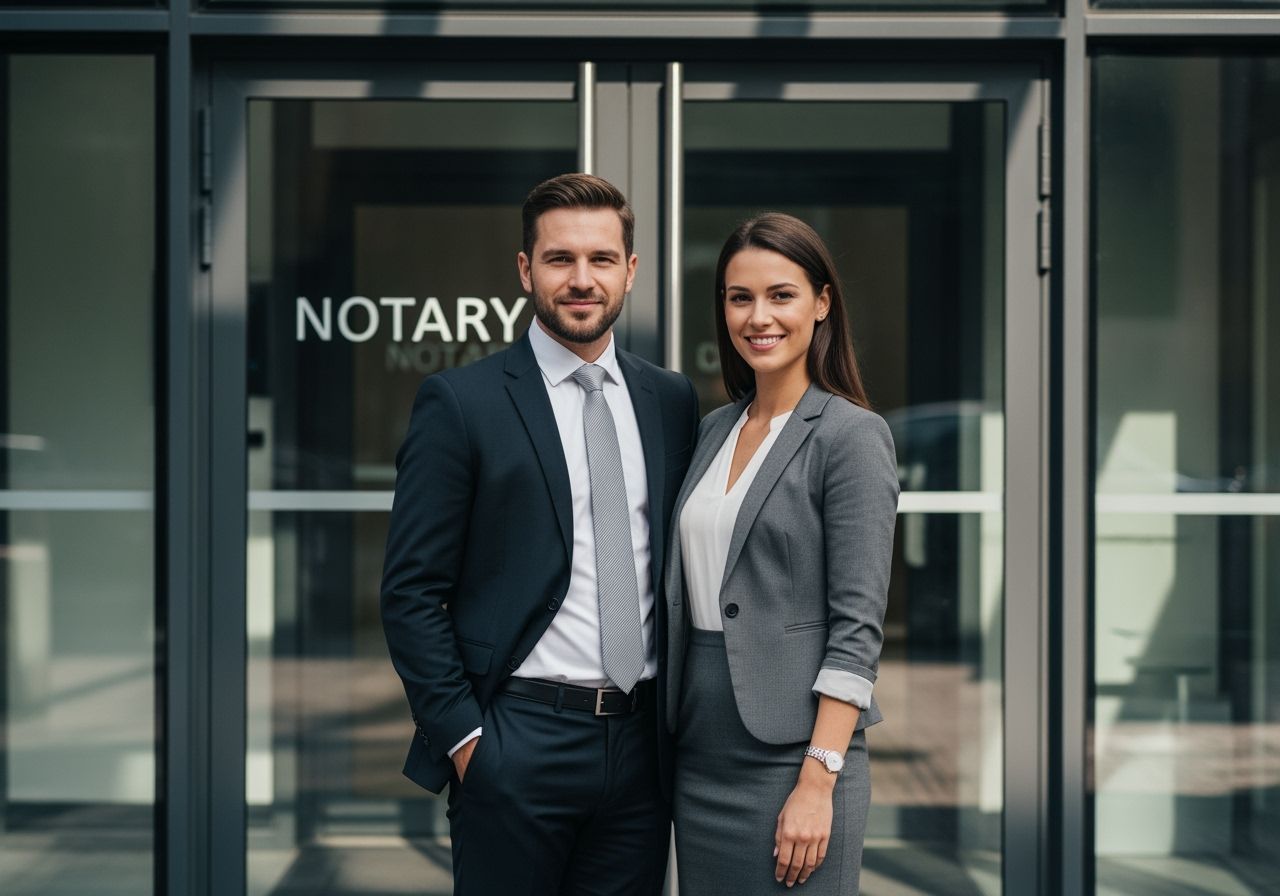 Muž a žena v profesionálnom oblečení stoja pred modernou notárskou kanceláriou, usmievajú sa.