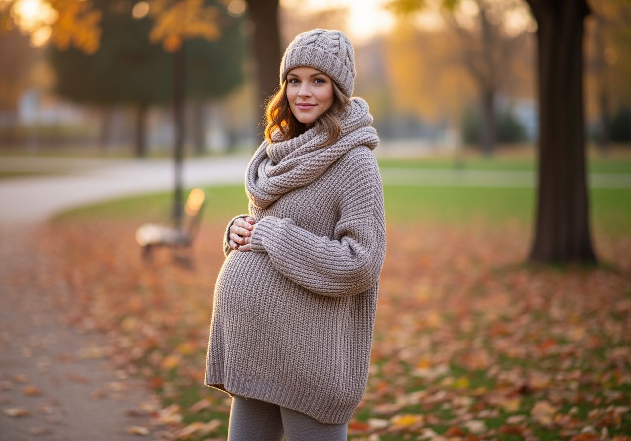 Tehotná žena v jesennom oblečení stojaca v parku s farebnými listami, usmievavá a pokojná.