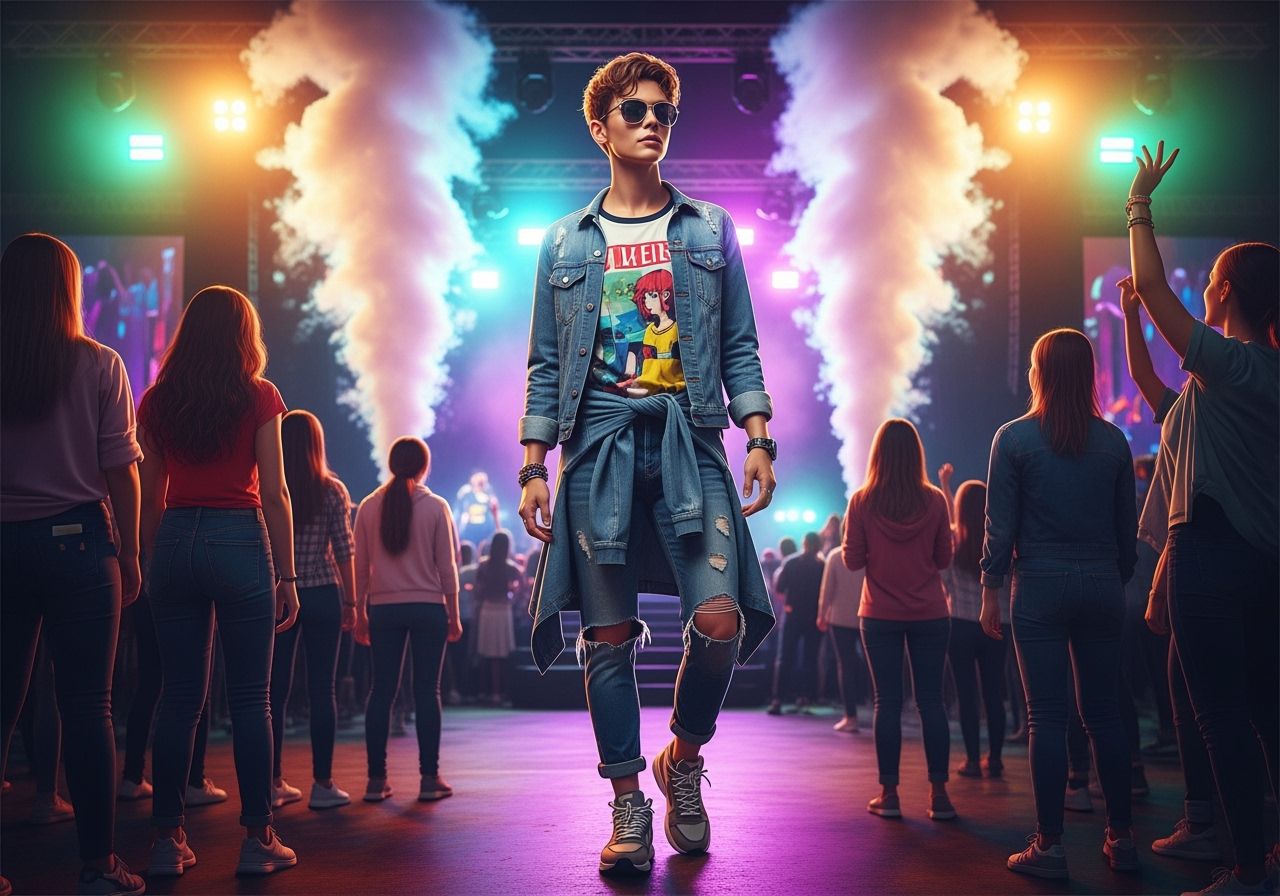 Mladý človek v farebnom oblečení na koncerte medzi davom pod farebnými svetlami.