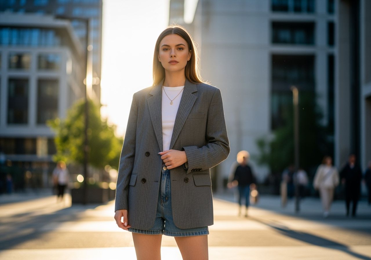 Mladá žena v krátkom saku stojaca na slnečnej ulici s mestským pozadím a rozmazanými chodcami.