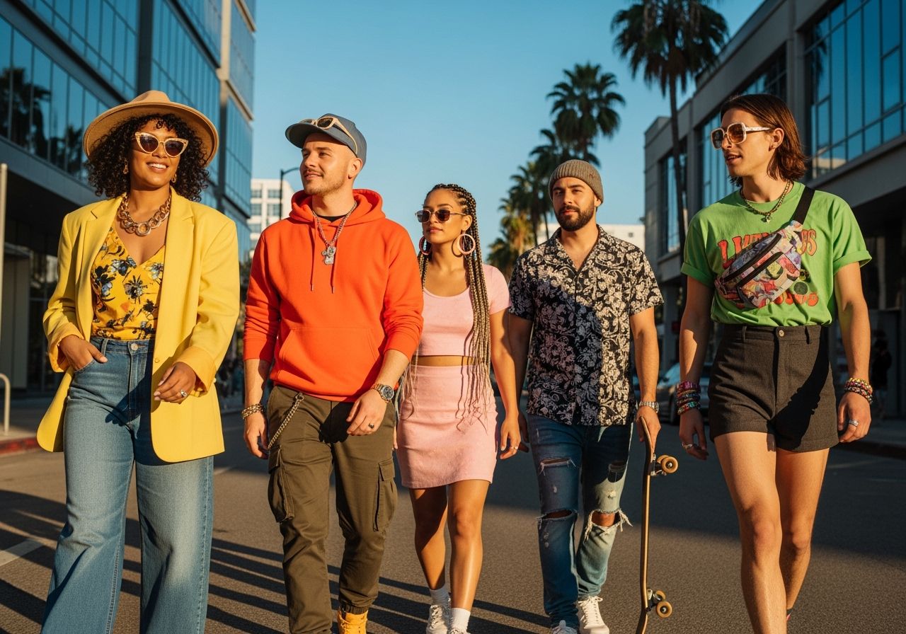 Mladí ľudia v mestskom prostredí idú po ulici v farebných outfitoch s doplnkami počas zlatej hodiny.