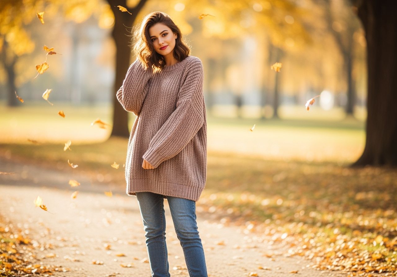 Mladá žena v oversized svetri a džínsach na jeseň v parku s padajúcim lístím.