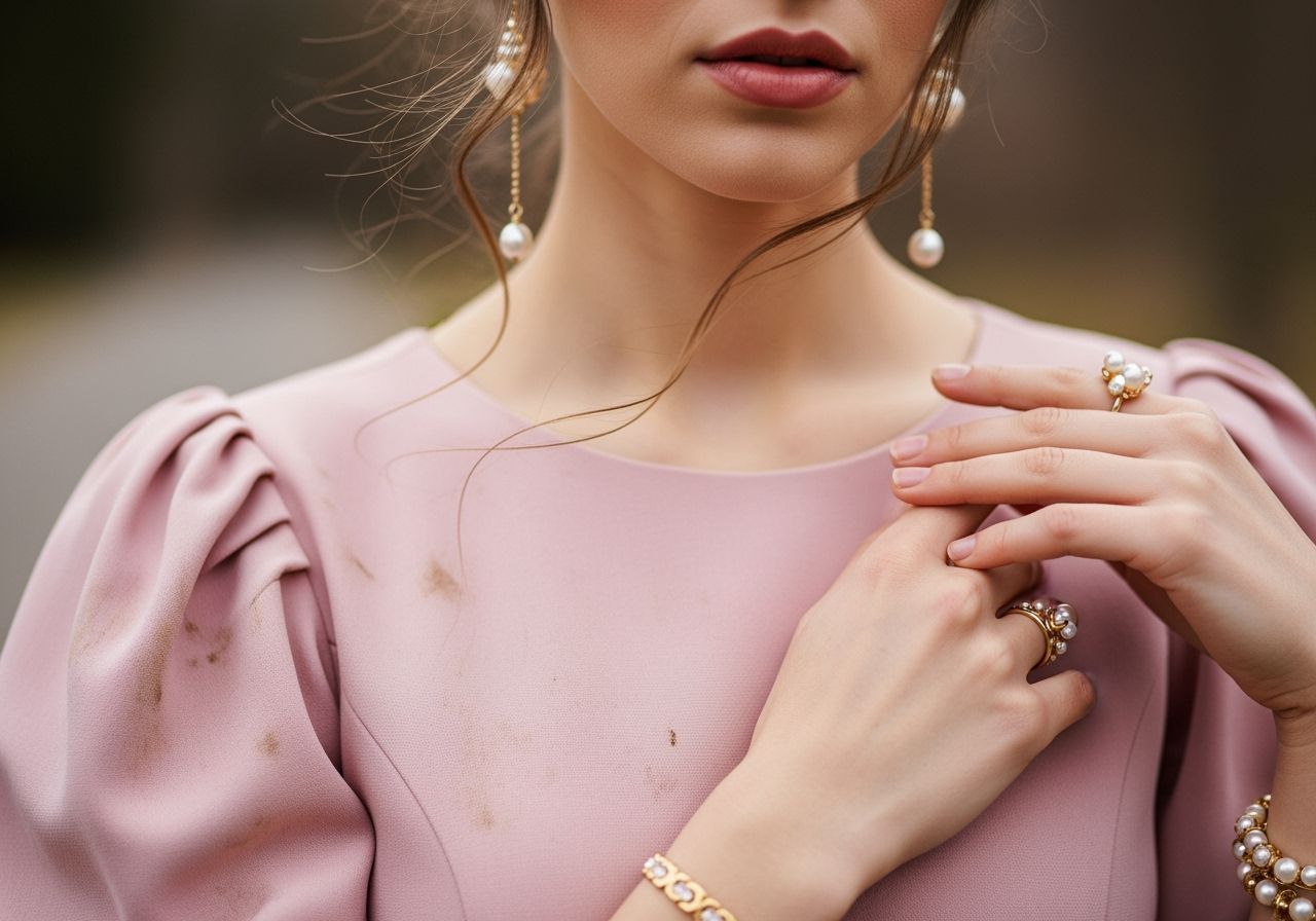 žena v ružových šatách s jemnými špinavými škvrnami a zlatými doplnkami v prirodzenom osvetlení