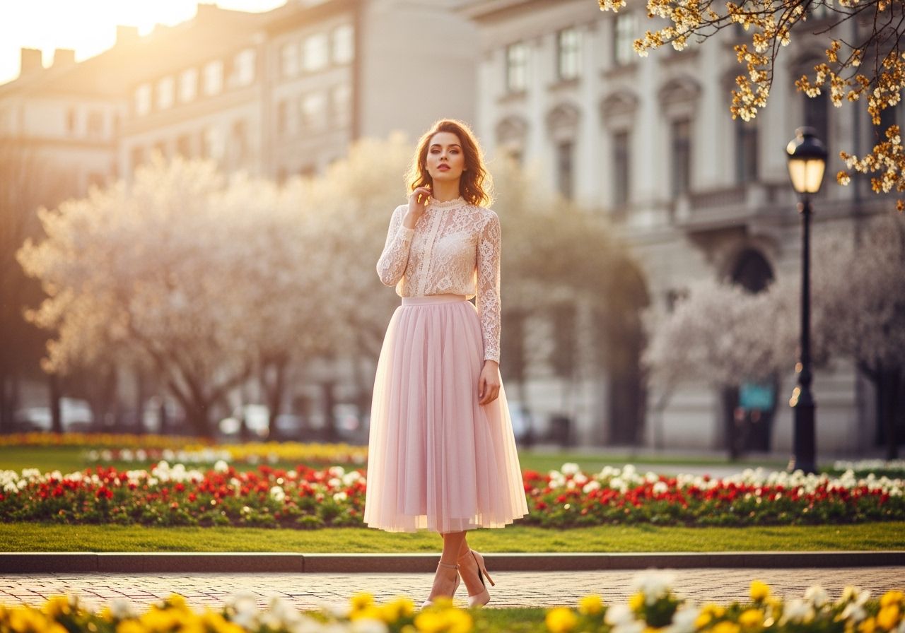 Mladá žena v pastelovej ružovej sukni a čipkovanej blúzke v slnečnom mestskom parku.