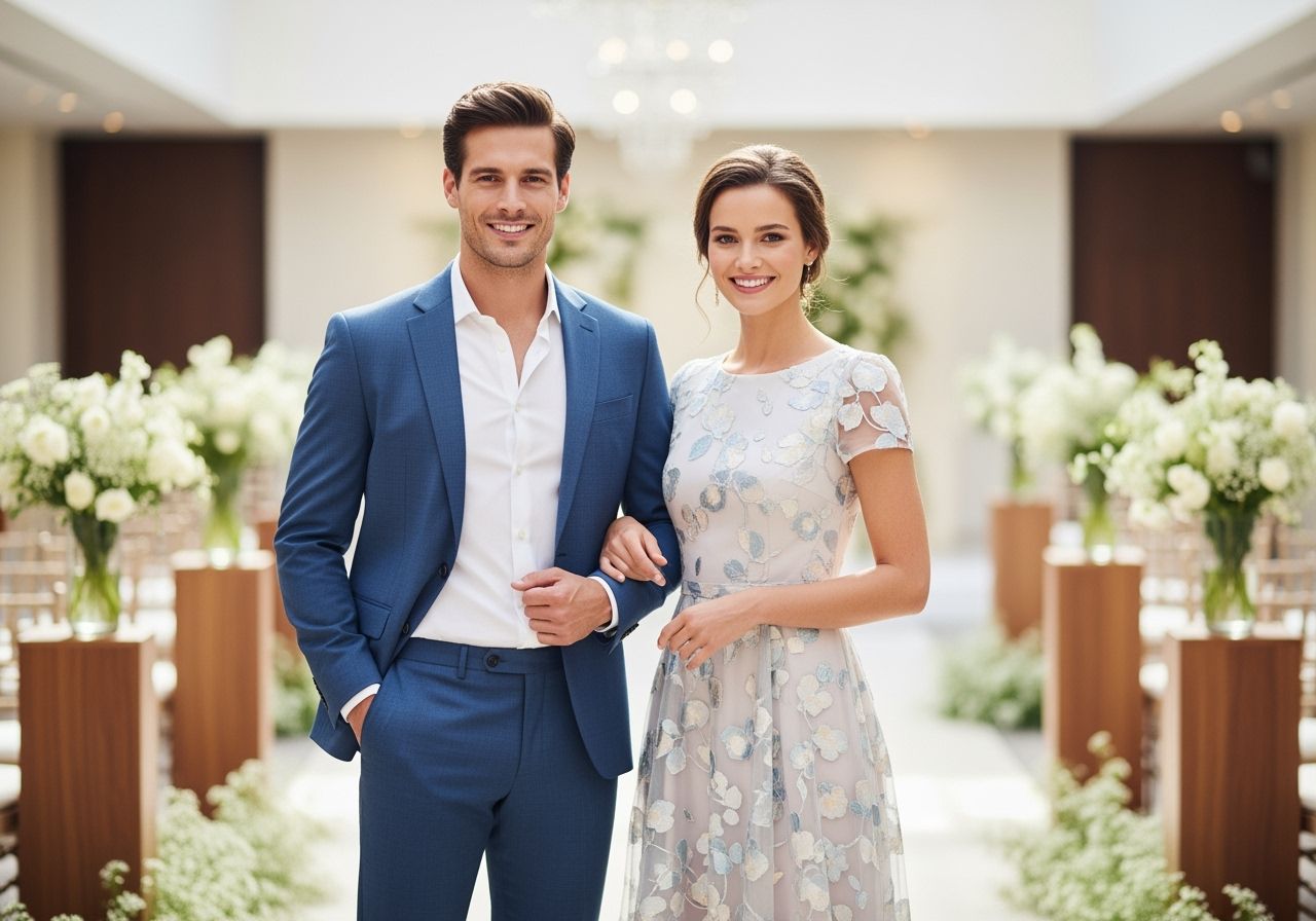 Módny pár v modernom svadobnom priestore s jemnými kvetmi a drevenými detailmi, oblečený elegantne.