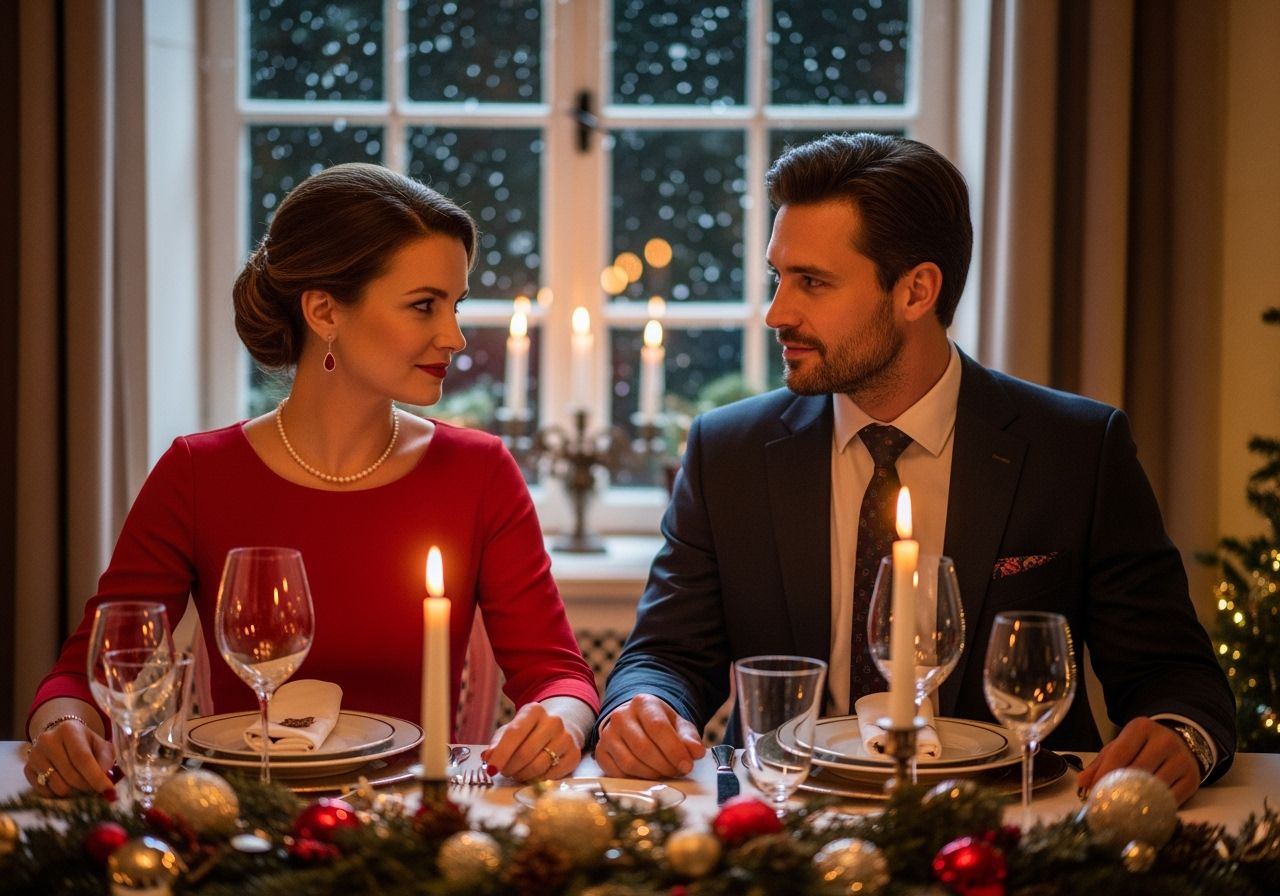 Muž a žena sedia pri vianočne vyzdobenom stole, vonku padajúce snehové vločky.