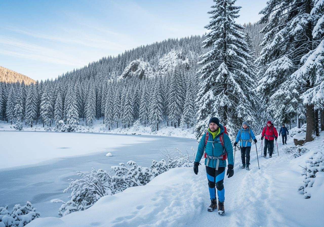 Turista na zasneženej trase pri horskom jazere Morské oko v zime pod modrou oblohou.
