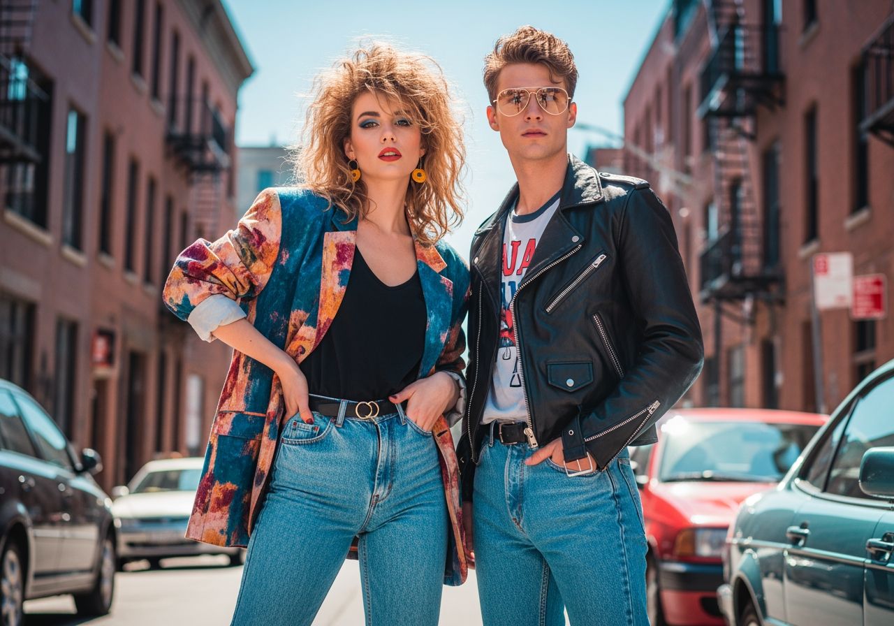 Mladý pár v 80. rokoch na ulici, oba v typickom oblečení, s vintage autami a tehlovými budovami v pozadí.