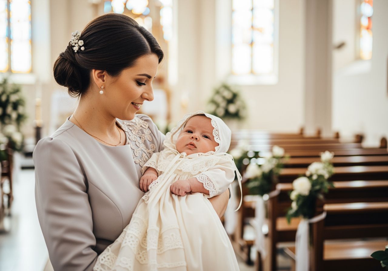 Mladá matka drží dieťa v krstnej košieľke v kostole s farebným svetlom a kvetinami v pozadí