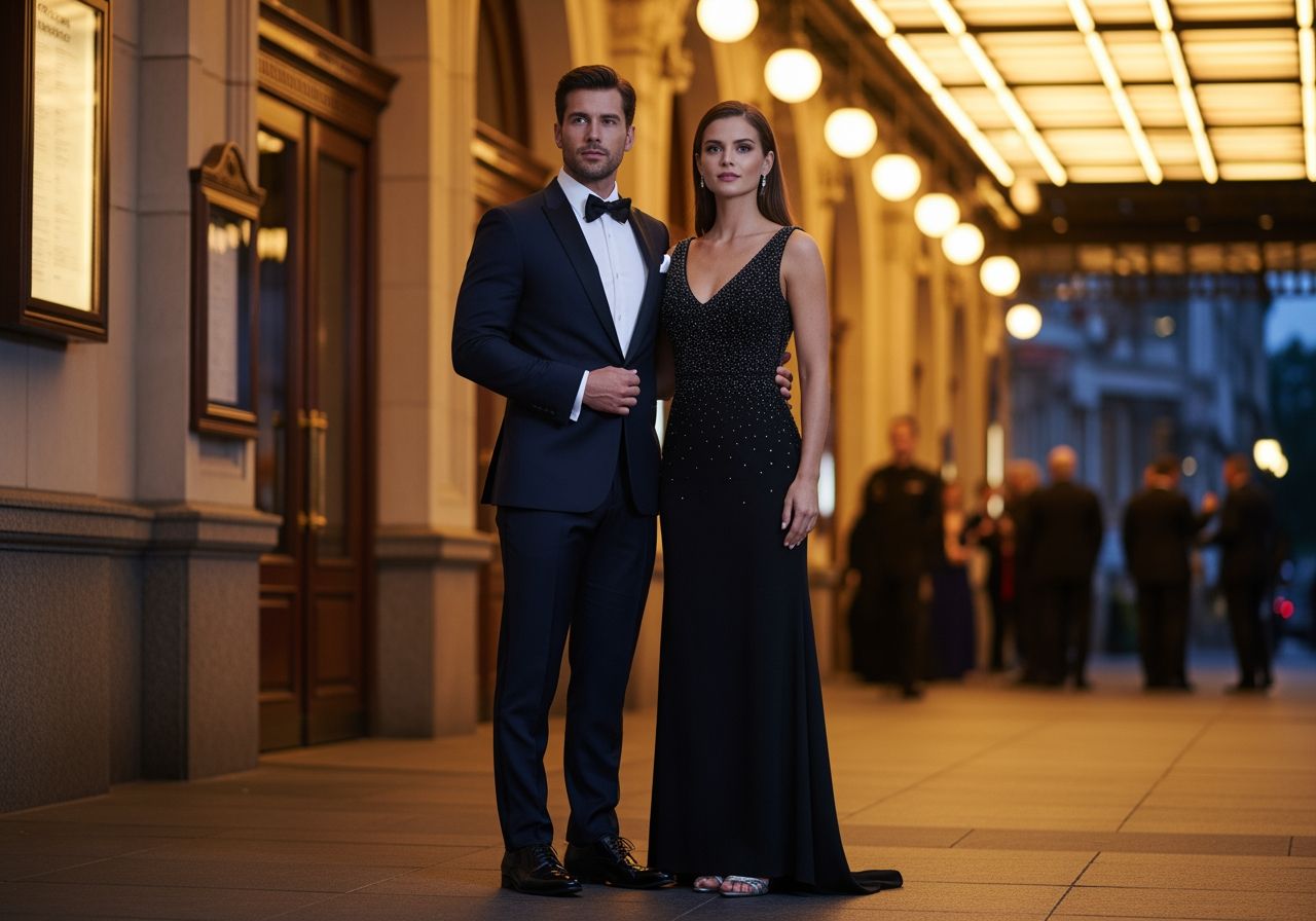 Elegantný pár v spoločenskej róbe pred luxusným divadlom za súmraku.