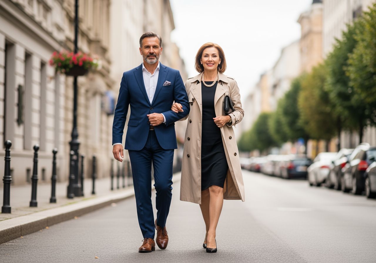 Stredoveký muž a žena kráčajú po meste v klasickom elegantnom oblečení, prírodné denné svetlo.