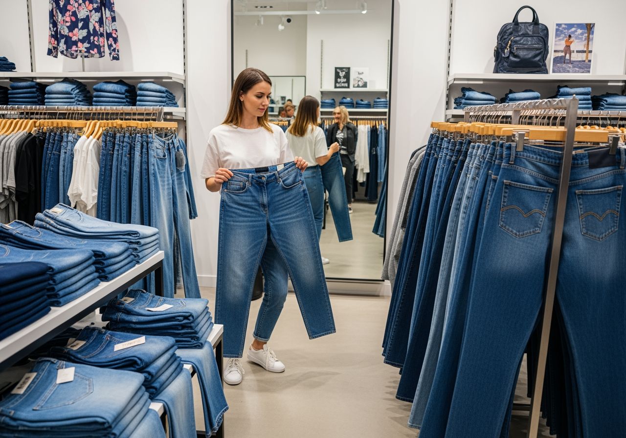 žena skúša modré džínsy pred zrkadlom v modernom obchode s oblečením za denného svetla