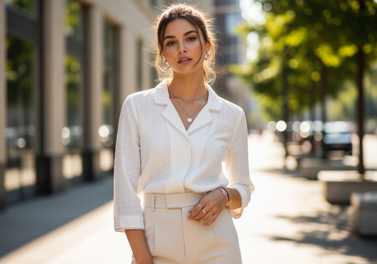 Mladá žena v bielej blúzke a elegantných nohaviciach na slnečnej mestskej ulici.