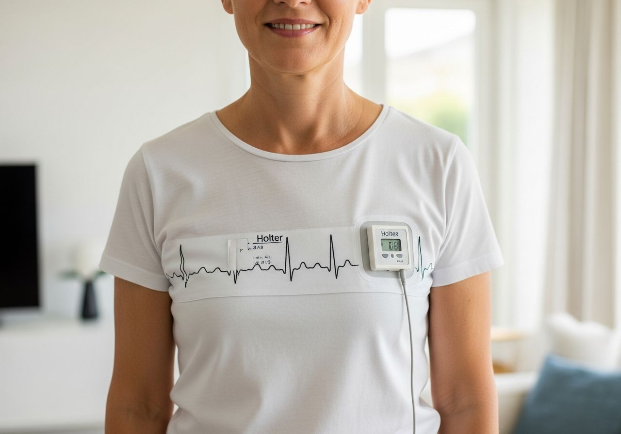 Stredný vek človek v bielom tričku s pripevneným Holter EKG, stojí v svetlej modernej obývačke.