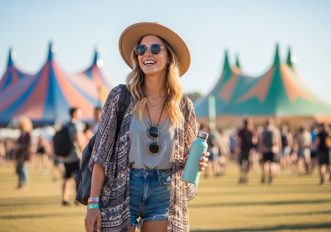 Mladá žena na letnom hudobnom festivale so klobúkom, okuliarmi a fľašou na vodu, farebné stany v pozadí