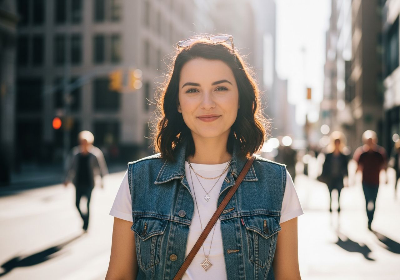 Mladá žena v modrej rifľovej veste a bielom tričku stojí na slnečnej mestskej ulici.