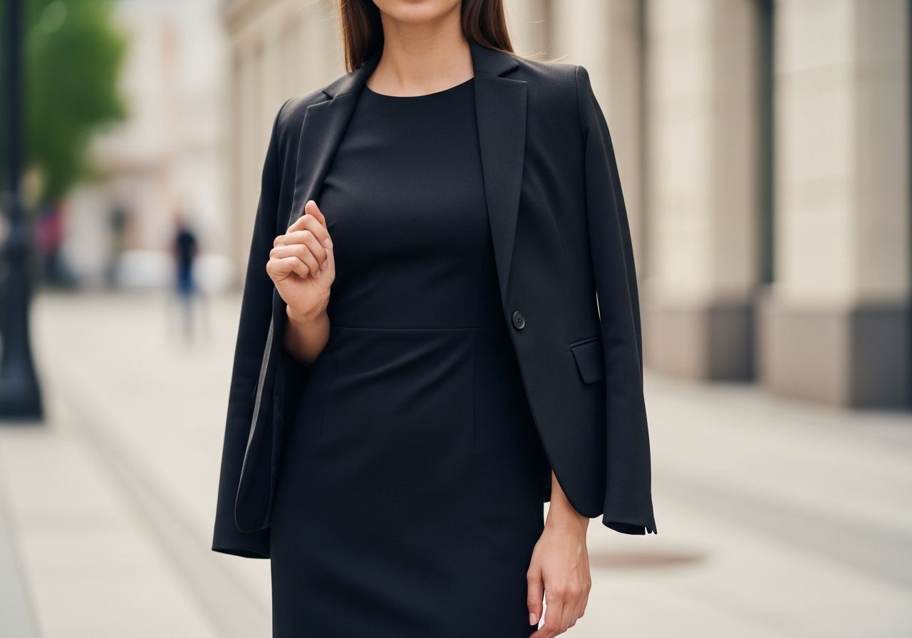 Žena v čiernych šatách a sako, stojaca na mestskom pozadí, prirodzené svetlo, detail tkaniny.