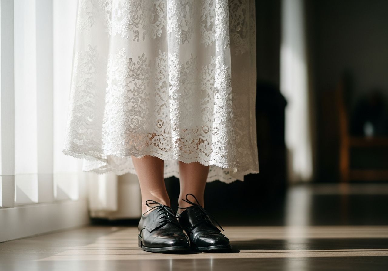 osoba v elegantných bielych šatách a čiernych kožených topánkach na rozmazanom pozadí