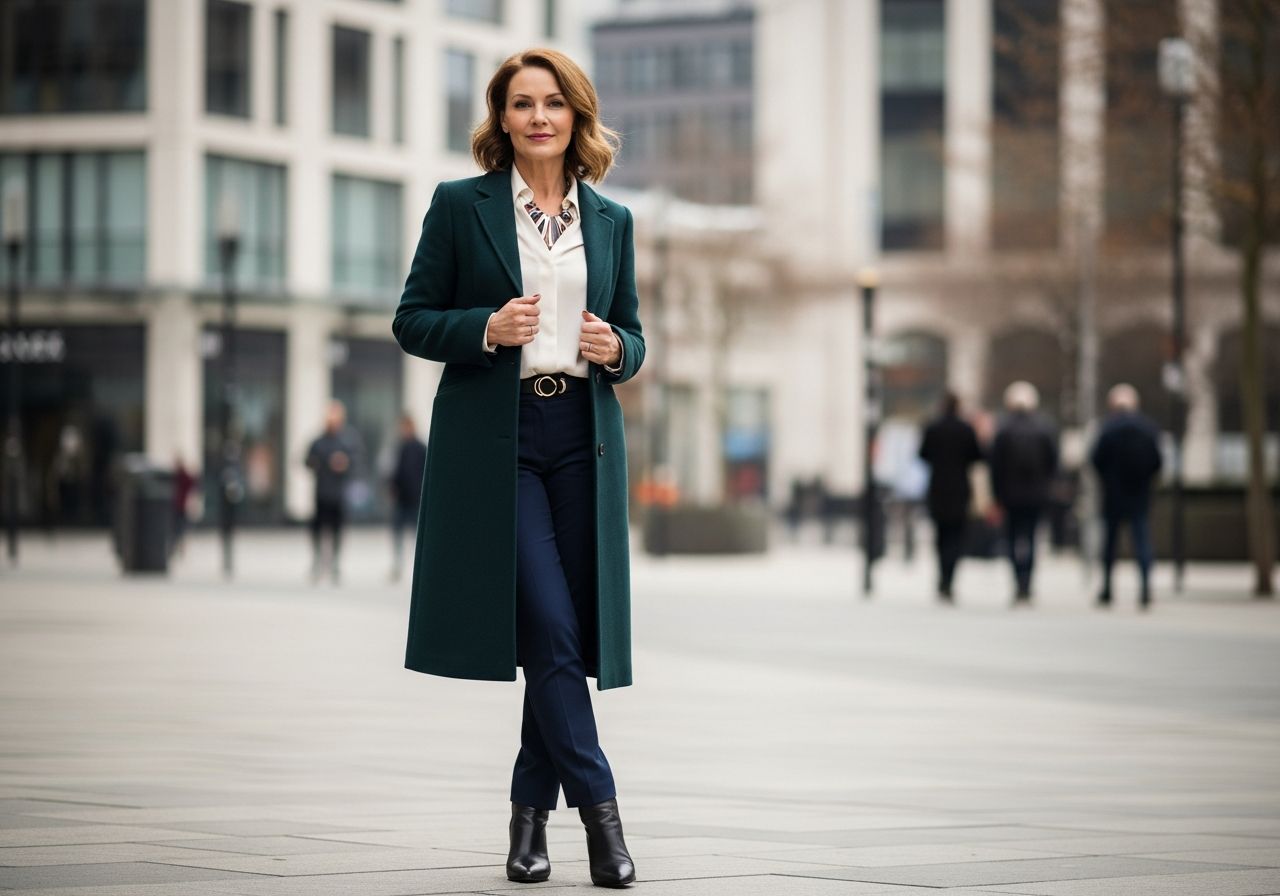 sebaistá zrelá žena nad 50 rokov v modernom elegantnom outfite v mestskom prostredí počas dňa