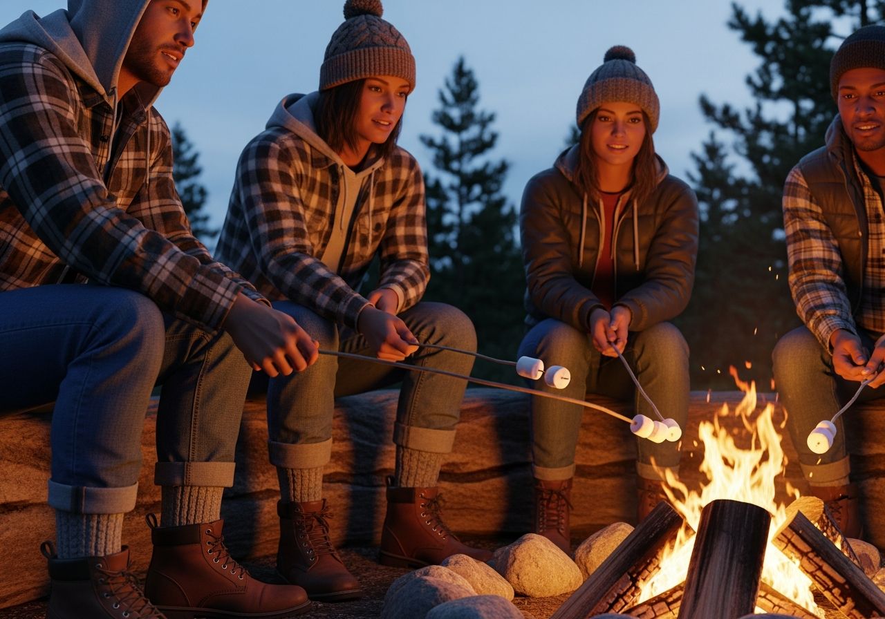 Ľudia okolo táboráka večer v prírode v teplom oblečení pri opekaní marshmallows.