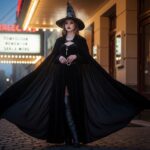 Mladá žena v čarodejníckom kostýme stojí pred starým divadlom za súmraku.