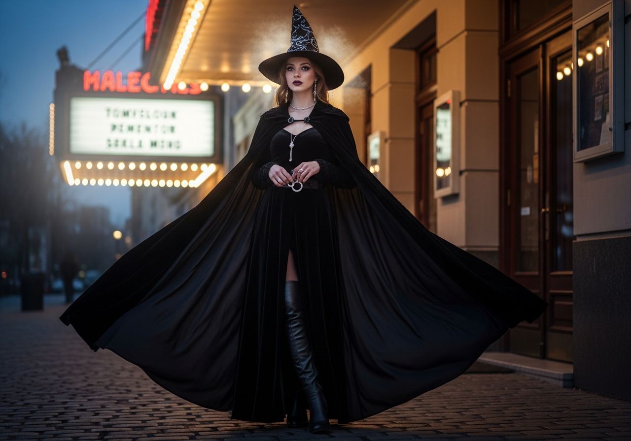 Mladá žena v čarodejníckom kostýme stojí pred starým divadlom za súmraku.