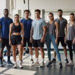 Skupina ľudí v športovom oblečení stojaca v modernej telocvični s vybavením na cvičenie.