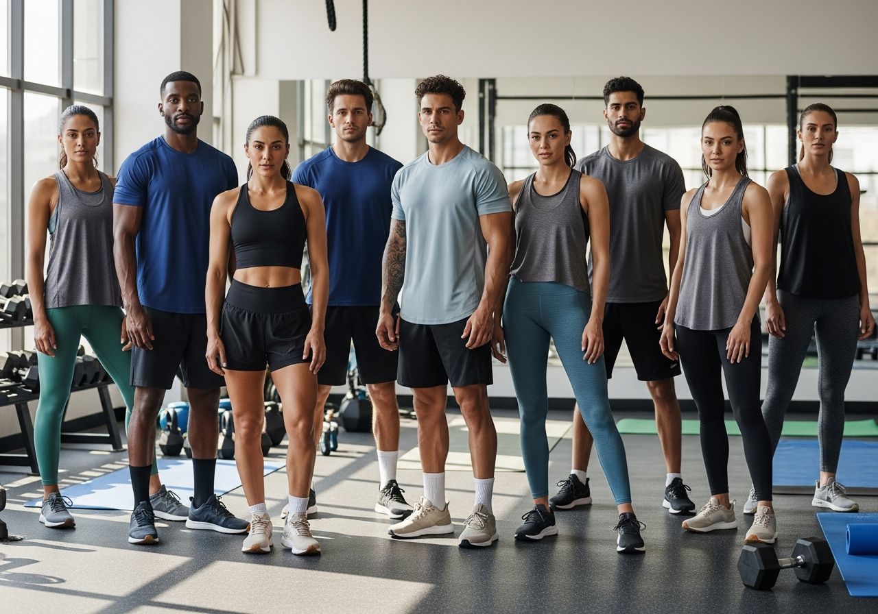 Skupina ľudí v športovom oblečení stojaca v modernej telocvični s vybavením na cvičenie.