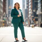 portrét sebavedomej ženy plus size v mestskom prostredí v obleku so sakom a vysokými opätkami