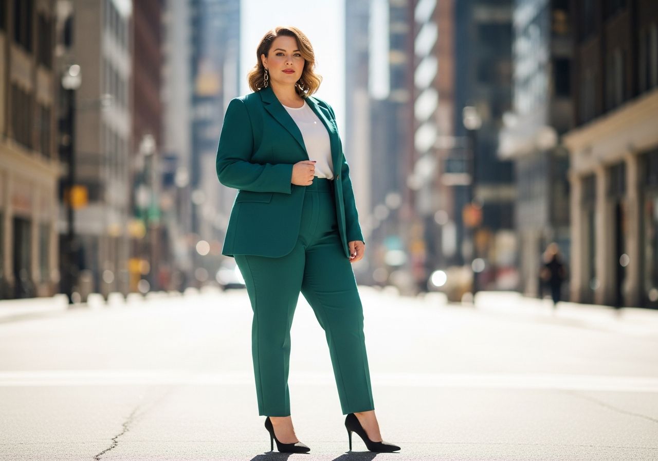 portrét sebavedomej ženy plus size v mestskom prostredí v obleku so sakom a vysokými opätkami