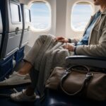 Cestujúci v pohodlnom oblečení sedí v modernom lietadle s dekou a batožinou pri okne.