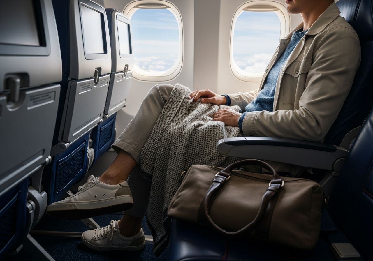 Cestujúci v pohodlnom oblečení sedí v modernom lietadle s dekou a batožinou pri okne.