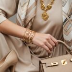 Fotorealistický záber bežových šiat s zlatými šperkami, kabelkou, topánkami a hodvábnou šatkou