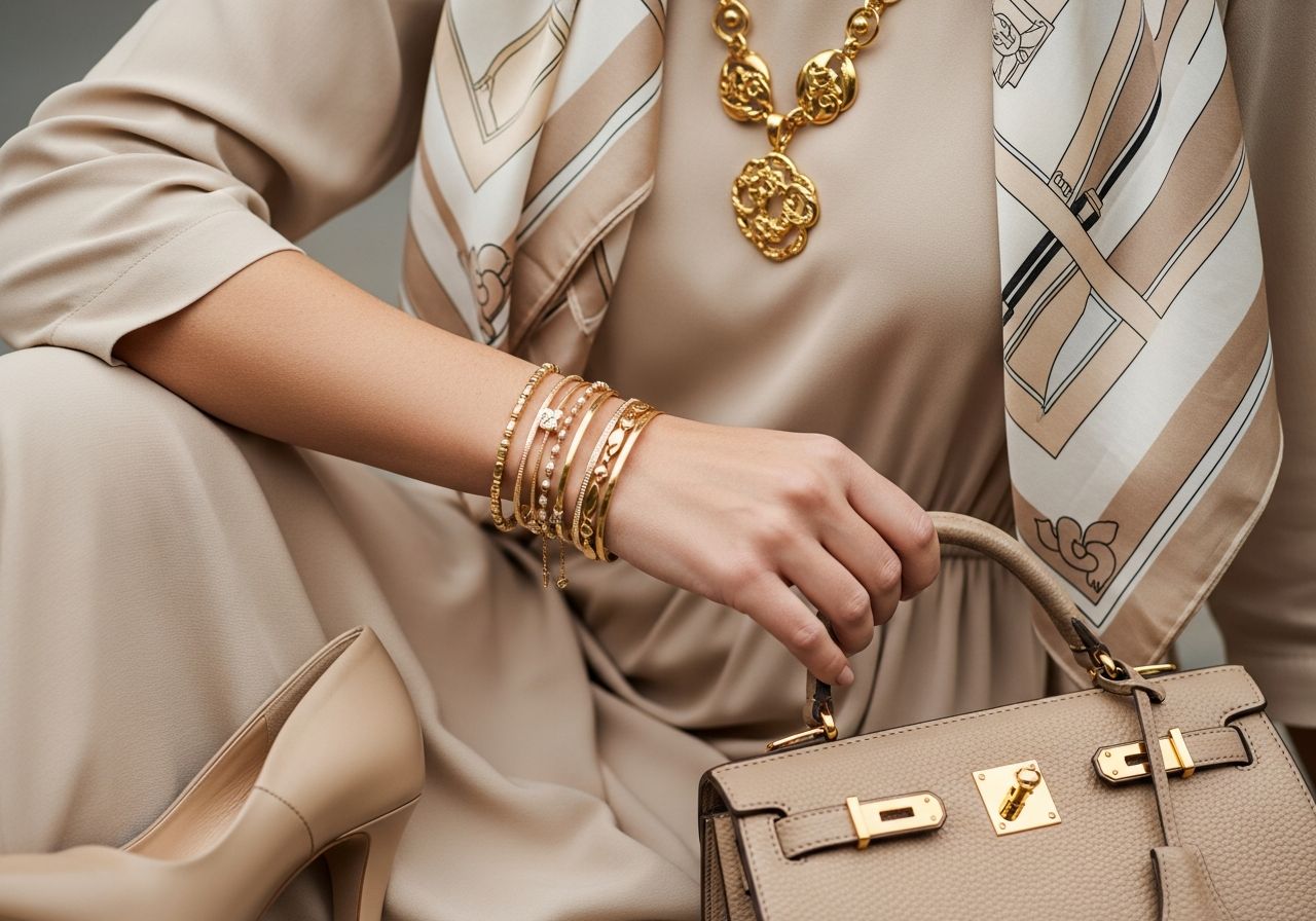 Fotorealistický záber bežových šiat s zlatými šperkami, kabelkou, topánkami a hodvábnou šatkou