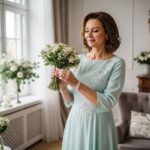 Elegantná žena pripravujúca sa na dcérinu svadbu v pastelových šatách držiaca kyticu a náušnicu.