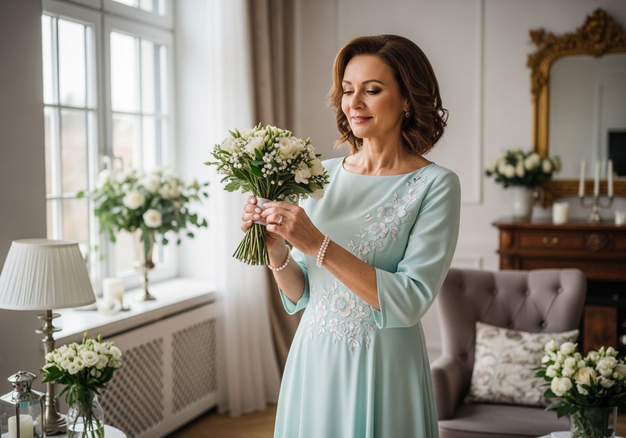 Elegantná žena pripravujúca sa na dcérinu svadbu v pastelových šatách držiaca kyticu a náušnicu.