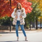 Žena v béžovej kožušinovej veste a bielom svetri na mestskej ulici počas jesene s módnymi čižmami.