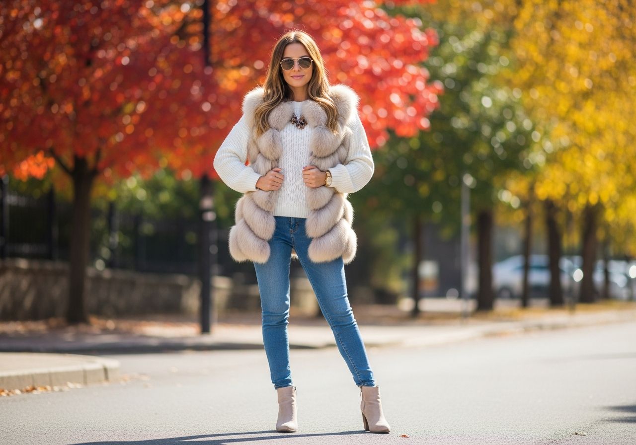 Žena v béžovej kožušinovej veste a bielom svetri na mestskej ulici počas jesene s módnymi čižmami.