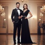 Elegantný pár v spoločenskom oblečení v luxusnom tanečnom sále s krištáľovými lustrami v pozadí