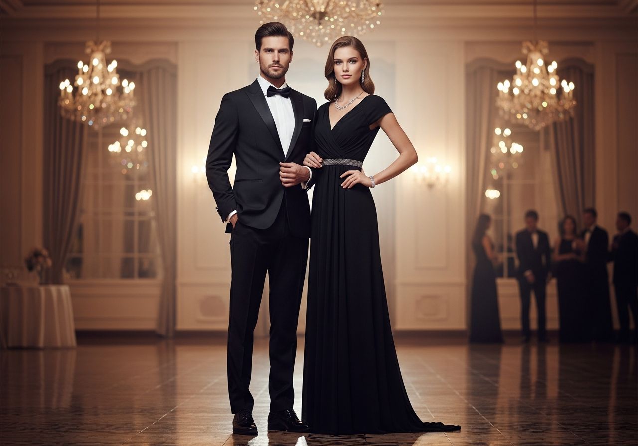 Elegantný pár v spoločenskom oblečení v luxusnom tanečnom sále s krištáľovými lustrami v pozadí