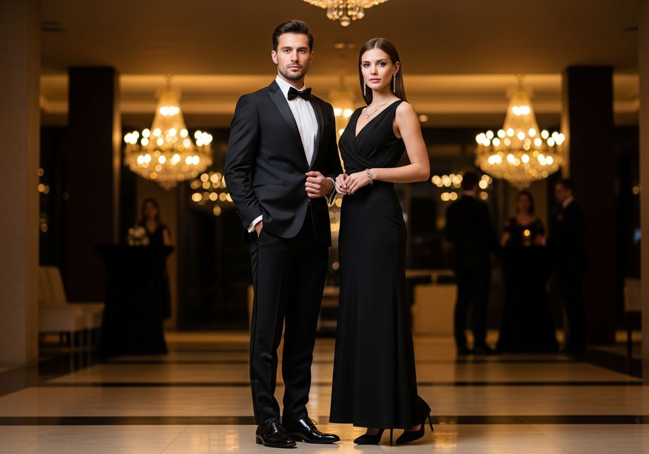 Elegantný pár v galavečernom oblečení stojí v luxusnom modernom priestore s osvetlením a hostmi.