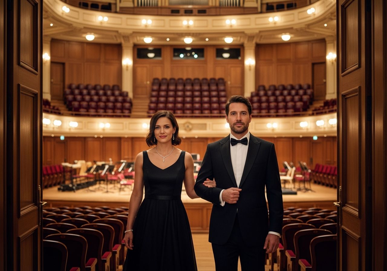 Pár v eleganckom oblečení vstupuje do koncertnej sály s červenými sedadlami a osvetlenou scénou.